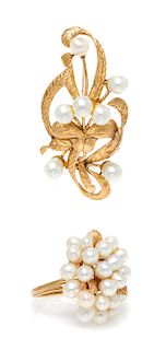 A Collection of 14 Karat Yellow Gold and Cultured Pearl Jewelry, 13.90 dwts.