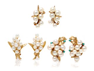 A Collection of 14 Karat Yellow Gold and Cultured Pearl Earclips, 21.00 dwts.