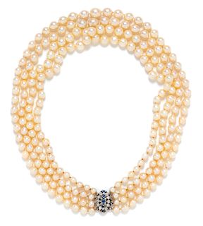 A Sterling Silver, Diamond, Sapphire and Graduated Multistrand Cultured Pearl Necklace,