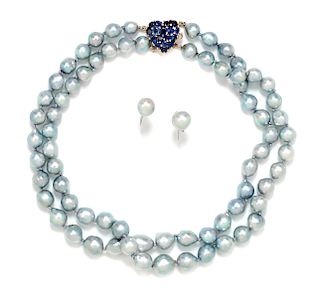 A Collection of 14 Karat Gold, Cultured Pearl and Sapphire Jewelry,