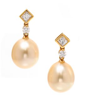 A Pair of Yellow Gold, Diamond and Cultured Pearl Earrings, 5.00 dwts.