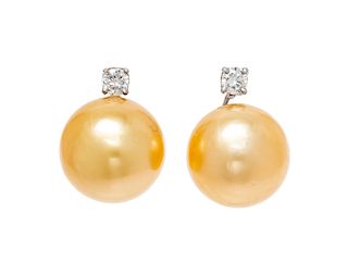 A Pair of White Gold, Cultured Golden South Sea Pearl and Diamond Earrings, 6.40 dwts.