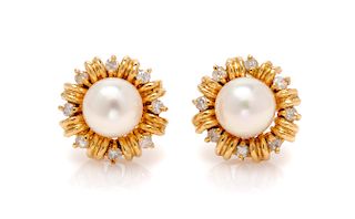 A Pair of Yellow Gold, Cultured Pearl, and Diamond Earrings, 3.20 dwts.