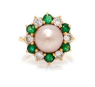 An 18 Karat Yellow Gold, Cultured Pearl, Diamond and Emerald Ring, 3.20 dwts.