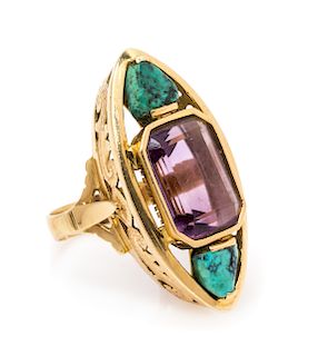 A Yellow Gold, Amethyst and Turquoise Ring, 8.55 dwts.