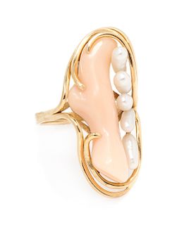 A 14 Karat Yellow Gold, Angel Skin Coral and Cultured Pearl Ring, 5.70 dwts.
