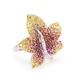 An 18 Karat White Gold, Multicolored Sapphire and Diamond Leaf Motif Ring, 3.85 dwts.