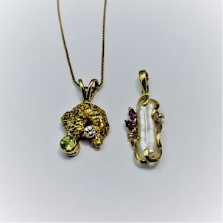 A Group of Yellow Gold, Gold Nugget, and Multigem Pendants, 7.80 dwts.