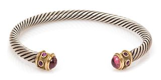 A Sterling Silver, 14 Karat Yellow Gold, Pink Tourmaline and Ruby 'Renaissance' Bracelet, David Yurman, 18.90 dwts.