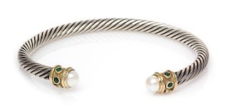 A Sterling Silver, 14 Karat Yellow Gold, Cultured Pearl and Emerald 'Renaissance' Bracelet, David Yurman, 17.80 dwts.
