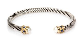A Sterling Silver, 14 Karat Yellow Gold, Cultured Pearl and Sapphire 'Renaissance' Bangle Bracelet, David Yurman, 17.90 dwts.