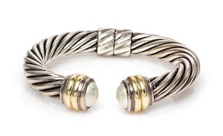 A Sterling Silver, 14 Karat Yellow Gold and Mabe Pearl 'Cable Classics' Bracelet, David Yurman, 27.50 dwts.