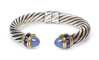 A Sterling Silver, 14 Karat Yellow Gold, Blue Chalcedony and Iolite 'Cable Classics' Bracelet, David Yurman, 27.70 dwts.