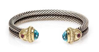 A Sterling Silver, 18 Karat Yellow Gold, Blue Topaz and Pink Tourmaline 'Double Cable' Bracelet, David Yurman, 34.50 dwts.