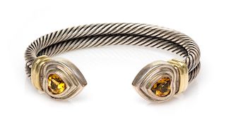 A Sterling Silver, 14 Karat Yellow Gold and Citrine 'Double Cable Heart' Cuff Bracelet, David Yurman, 29.05 dwts.