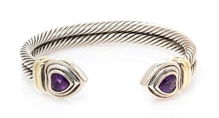 A Sterling Silver, 14 Karat Yellow Gold and Amethyst 'Double Cable Heart' Cuff Bracelet, David Yurman, 30.10 dwts.