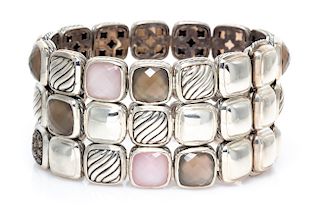 A Sterling Silver, Rose Quartz, Quartz and Brown Diamond 'Chiclet' Bracelet, David Yurman, 87.40 dwts.