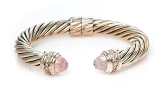 A Sterling Silver, Rose Quartz and Diamond 'Cable Classic' Bracelet, David Yurman, 29.10 dwts.