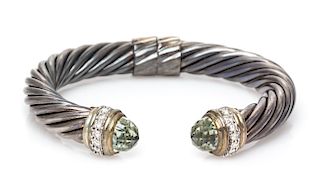 A Sterling Silver, Prasiolite and Diamond 'Cable Classic' Bracelet, David Yurman, 31.60 dwts.