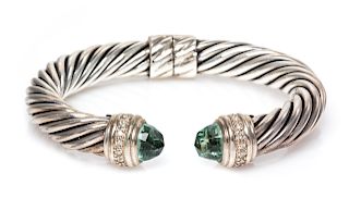 A Sterling Silver, Prasiolite and Diamond 'Cable Classic' Bracelet, David Yurman, 30.60 dwts.