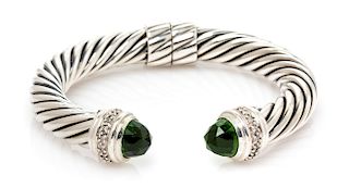A Sterling Silver, Chrome Diopside and Diamond 'Cable Classic' Bracelet, David Yurman, 34.50 dwts.