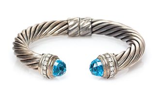 A Sterling Silver, Blue Topaz and Diamond 'Cable Classic' Bracelet, David Yurman, 29.50 dwts.