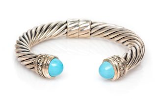A Sterling Silver, Turquoise and Diamond 'Cable Classic' Bracelet, David Yurman, 30.80 dwts.