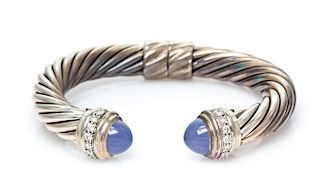 A Sterling Silver, Blue Chalcedony and Diamond 'Cable Classic' Bracelet, David Yurman, 27.30 dwts.