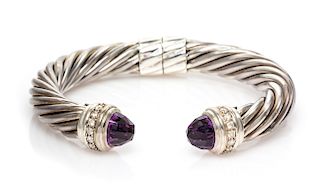 A Sterling Silver, Amethyst and Diamond 'Cable Classic' Bracelet, David Yurman, 32.50 dwts.