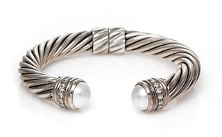 A Sterling Silver, Mabe Pearl and Diamond 'Cable Classic' Bracelet, David Yurman, 26.40 dwts.