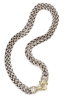 A Sterling Silver, 14 Karat Yellow Gold and Garnet 'Double Wheat' Chain Necklace, David Yurman, 77.80 dwts.