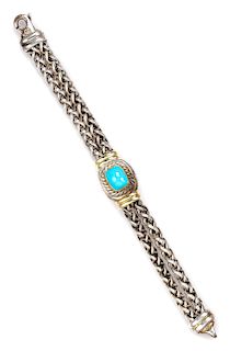 A Sterling Silver, 14 Karat Yellow Gold and Turquoise 'Albion' Bracelet, David Yurman, 39.00 dwts.