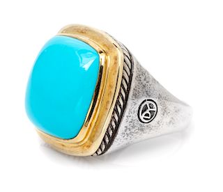 A Sterling Silver, 18 Karat Yellow Gold and Turquoise 'Albion' Ring, David Yurman, 15.80 dwts.