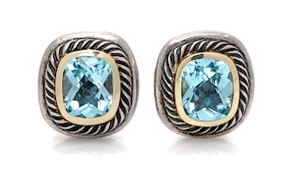 A Pair of Sterling Silver, 14 Karat Yellow Gold and Blue Topaz 'Noblesse' Earclips, David Yurman, 12.40 dwts.
