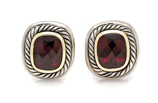 A Pair of Sterling Silver, 14 Karat Yellow Gold and Garnet 'Noblesse' Earclips, David Yurman, 13.20 dwts.