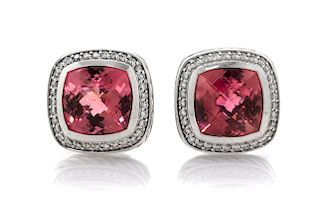 A Pair of Sterling Silver, Pink Tourmaline and Diamond 'Albion' Earclips, David Yurman, 9.20 dwts.