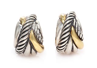 A Pair of Sterling Silver and 18 Karat Yellow Gold 'Crossover' Earclips, David Yurman, 7.10 dwts.