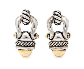 A Pair of Sterling Silver and 14 Karat Yellow Gold 'Buckle' Earclips, David Yurman, 10.30 dwts.