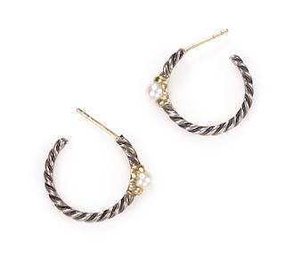 A Pair of Sterling Silver, 14 Karat Yellow Gold and Cultured Pearl 'Metro' Hoop Earrings, David Yurman, 3.20 dwts.