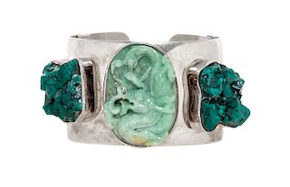 A Sterling Silver, Jade and Synthetic Emerald 'Bless Our Earth' Cuff Bracelet, Rebecca Collins, 131.80 dwts.