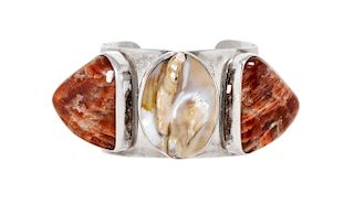 A Sterling Silver, Cultured Mabe Pearl and Sunstone 'Bless Our Earth' Cuff Bracelet, Rebecca Collins, 89.20 dwts.