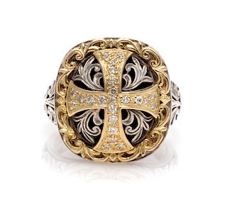 A Sterling Silver and 18 Karat Yellow Gold 'Diamond Classics' Cross Ring, Konstantino, 12.50 dwts.