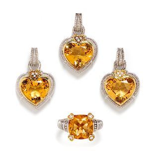 A Collection of Sterling Silver, 18 Karat Yellow Gold, Golden Quartz and Diamond Jewelry, 29.50 dwts.