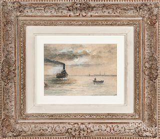 Watercolor coastal scene with ships