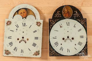 Two painted tin tall case clock dials