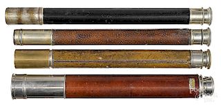 Four leather barrel single draw telescopes