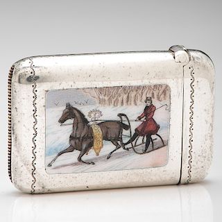 English Silver Plate Match Safe with Horse and Sleigh Scene