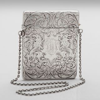 Lady's Sterling Card Case with Jeweled Lift and Lion Motif