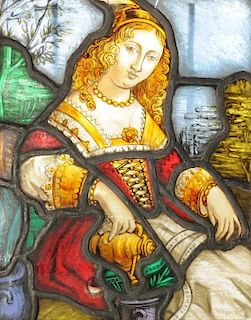 A CONTINENTAL POLYCHROME PAINTED AND STAINED GLASS PORTRAIT OF A MAIDEN,