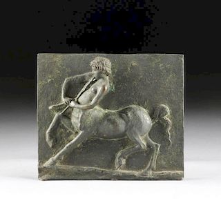 A CONTINENTAL PATINATED BRONZE PLAQUE OF A CENTAUR YOUTH PLAYING THE AULOI, POSSIBLY ITALIAN, LATE 19TH/EARLY 20TH CENTURY,